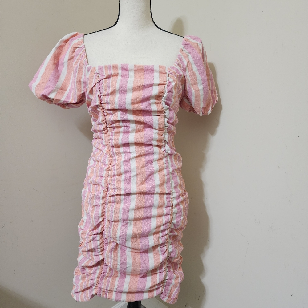 VESTIQUE Verticle Striped Linen Blend‎ Off Shoulder Rouched Mini Dress sz L Pink